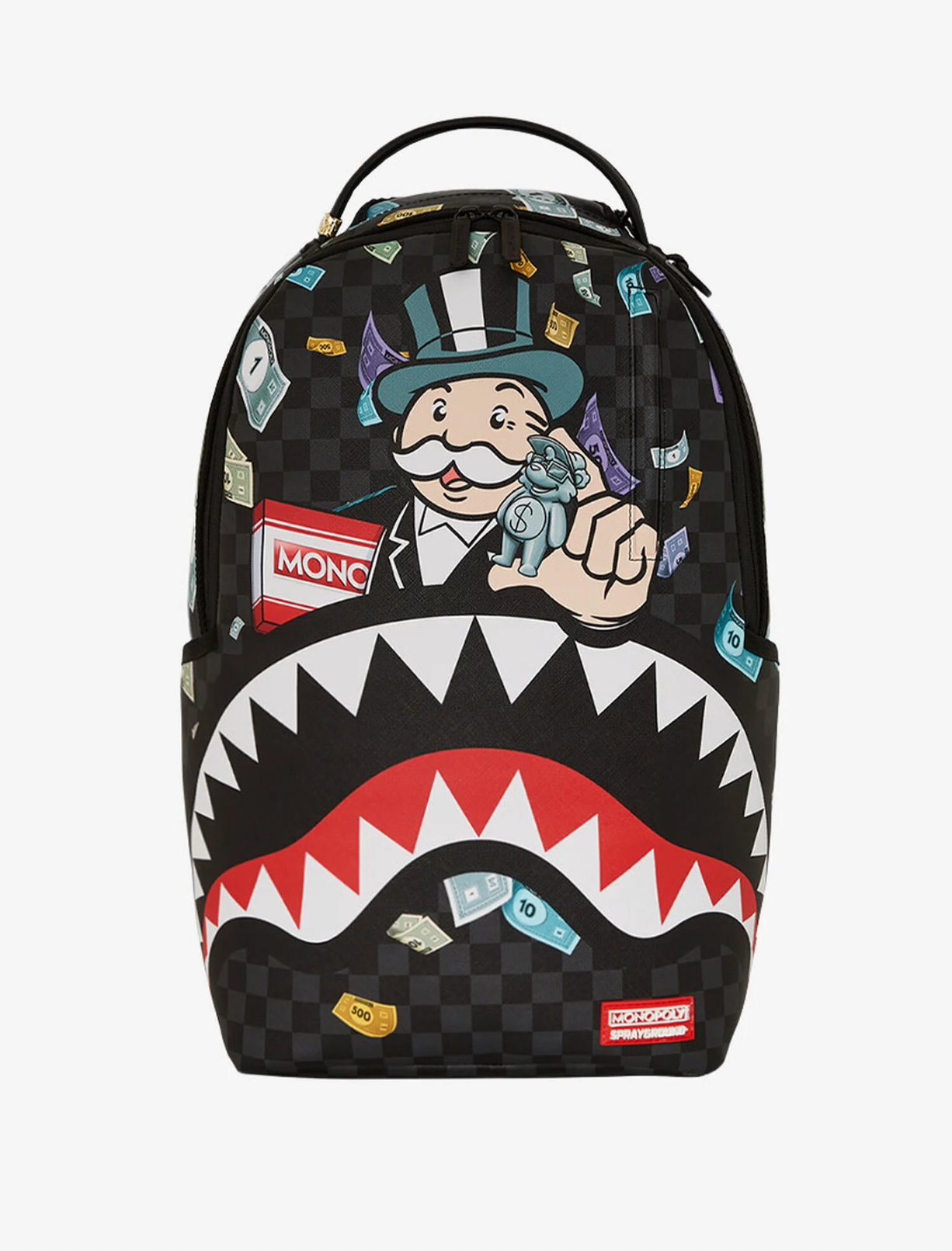 Backpack with a cartoon character holding money and a checkered pattern, featuring the Monopoly brand.