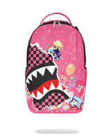 A pink backpack featuring a large cartoon shark mouth graphic with black and white checkered patterns, a character riding a blue scooter, and a small pink character illustration, shown on a white background.