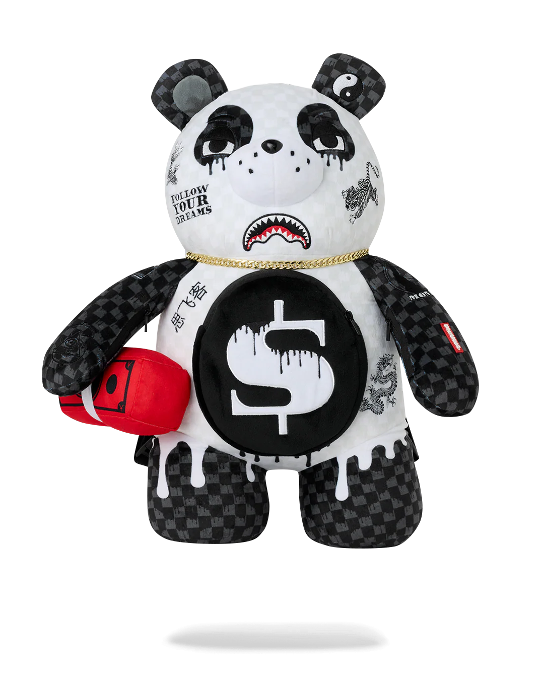 A black and white panda plush toy with a black and white checkerboard pattern on its arms and legs, featuring a gold chain necklace, a red boxing glove, and various streetwear-style graphics and text on its body, set against a plain white background.