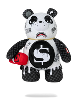 A black and white panda plush toy with a black and white checkerboard pattern on its arms and legs, featuring a gold chain necklace, a red boxing glove, and various streetwear-style graphics and text on its body, set against a plain white background.