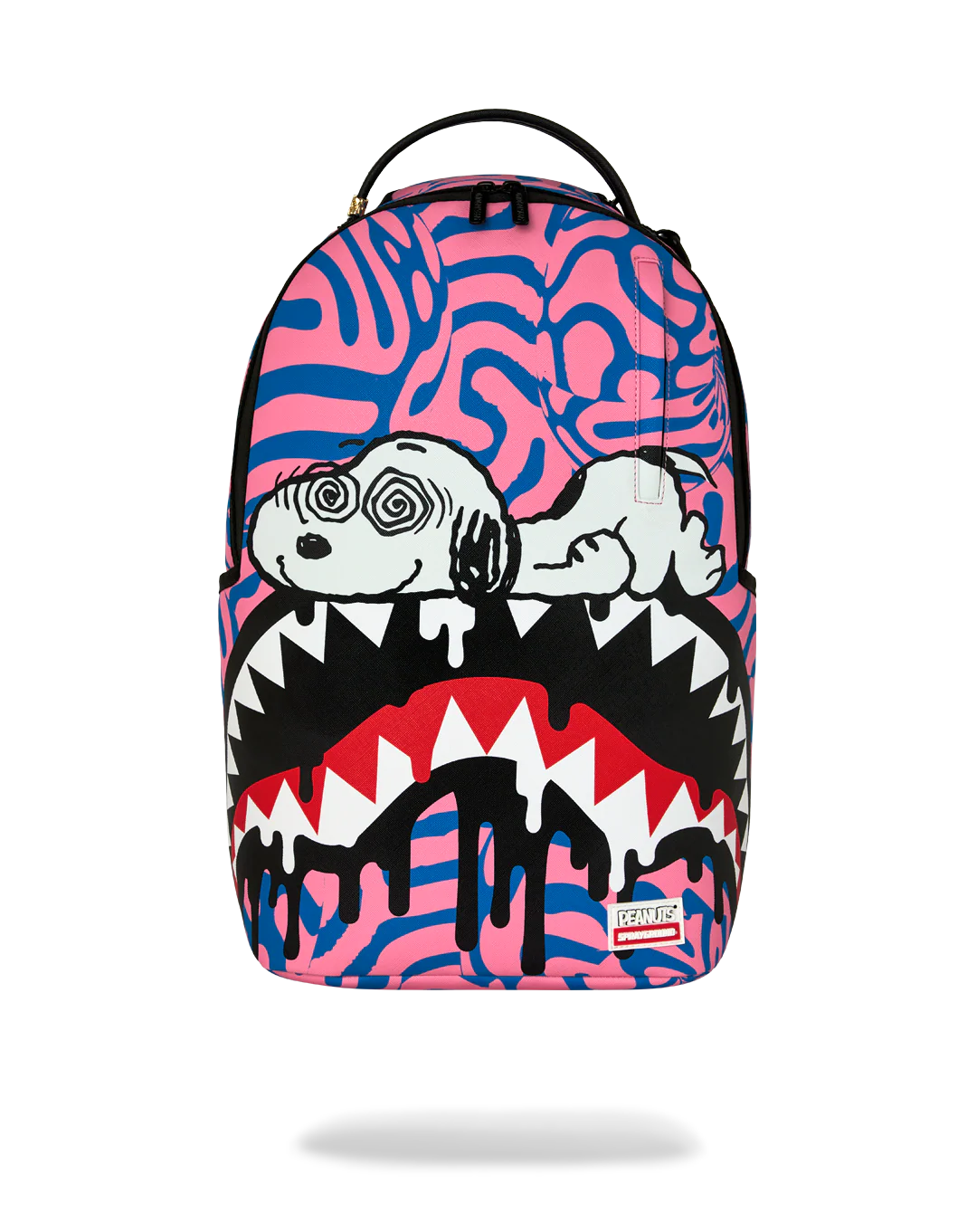 A Sprayground backpack featuring a vibrant pink and blue zebra and brain pattern, with a graphic of Snoopy inside a mouth with sharp teeth. The backpack is shown against a plain white background with a soft shadow underneath.