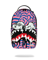 A Sprayground backpack featuring a vibrant pink and blue zebra and brain pattern, with a graphic of Snoopy inside a mouth with sharp teeth. The backpack is shown against a plain white background with a soft shadow underneath.