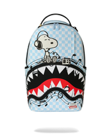 A light blue checkered backpack featuring a graphic of Snoopy behind a DJ turntable, with a shark mouth design in black, white, and red below. The backpack has a top handle and a small Spraycraft logo patch near the bottom right.