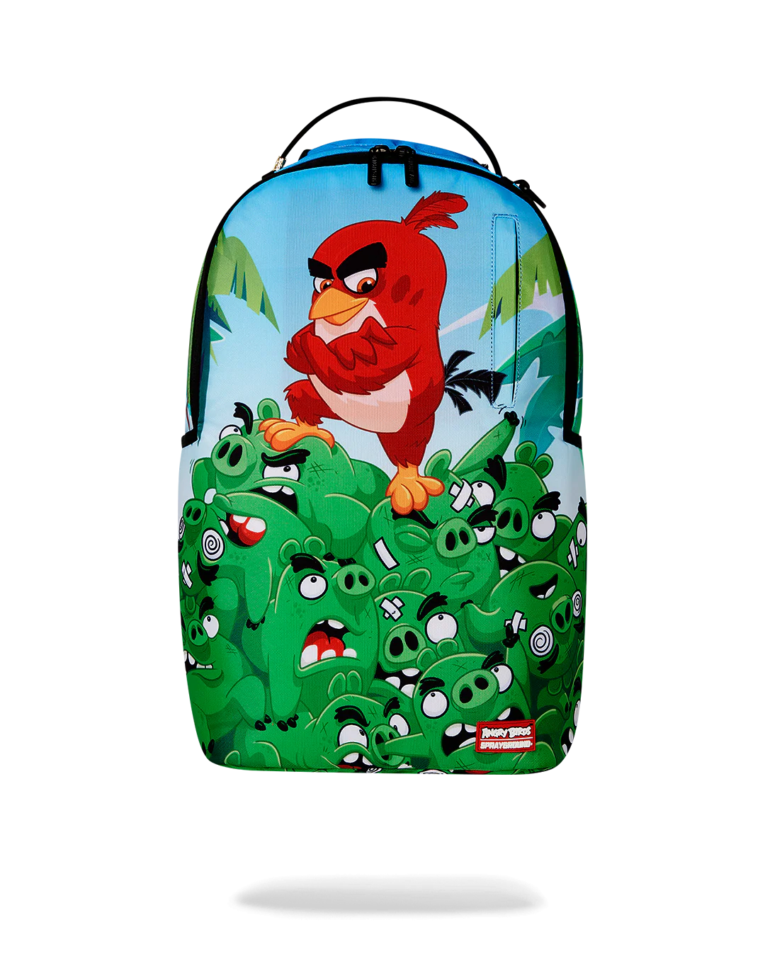 Backpack with Angry Birds design featuring a red bird and green pigs.