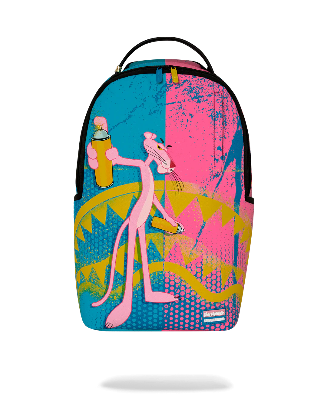 A backpack featuring a vibrant graphic print of the Pink Panther character in a split blue and pink design with yellow spray-paint details, shown on a plain white background.