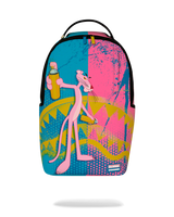 A backpack featuring a vibrant graphic print of the Pink Panther character in a split blue and pink design with yellow spray-paint details, shown on a plain white background.