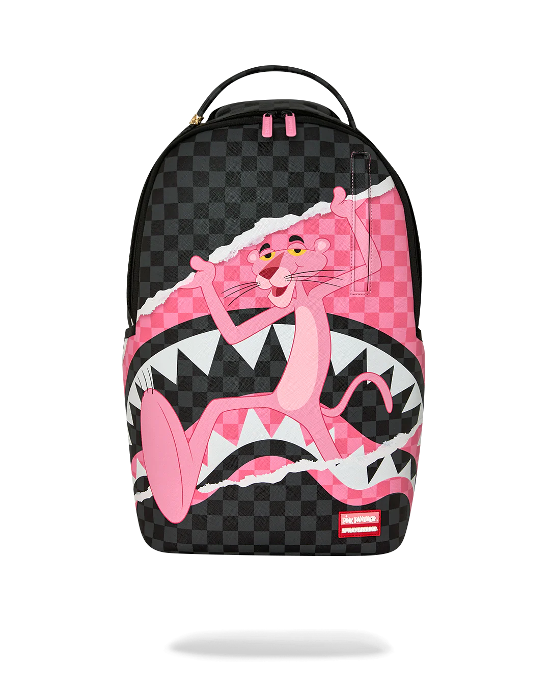 Backpack with pink panther design on a checkered background