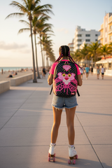 Backpack with pink panther design and checkered pattern on a white background