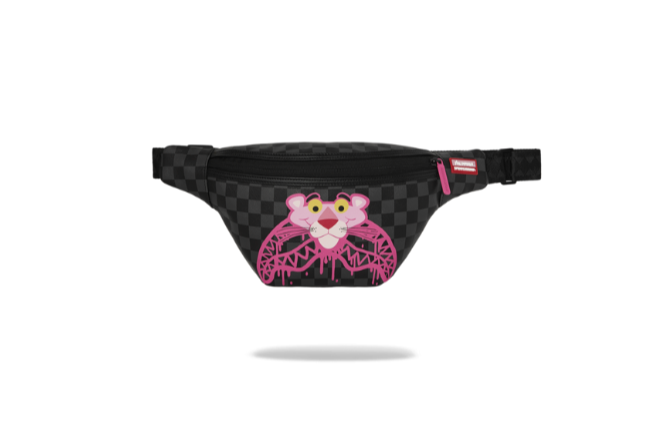Black checkered fanny pack with a pink panther design on a white background