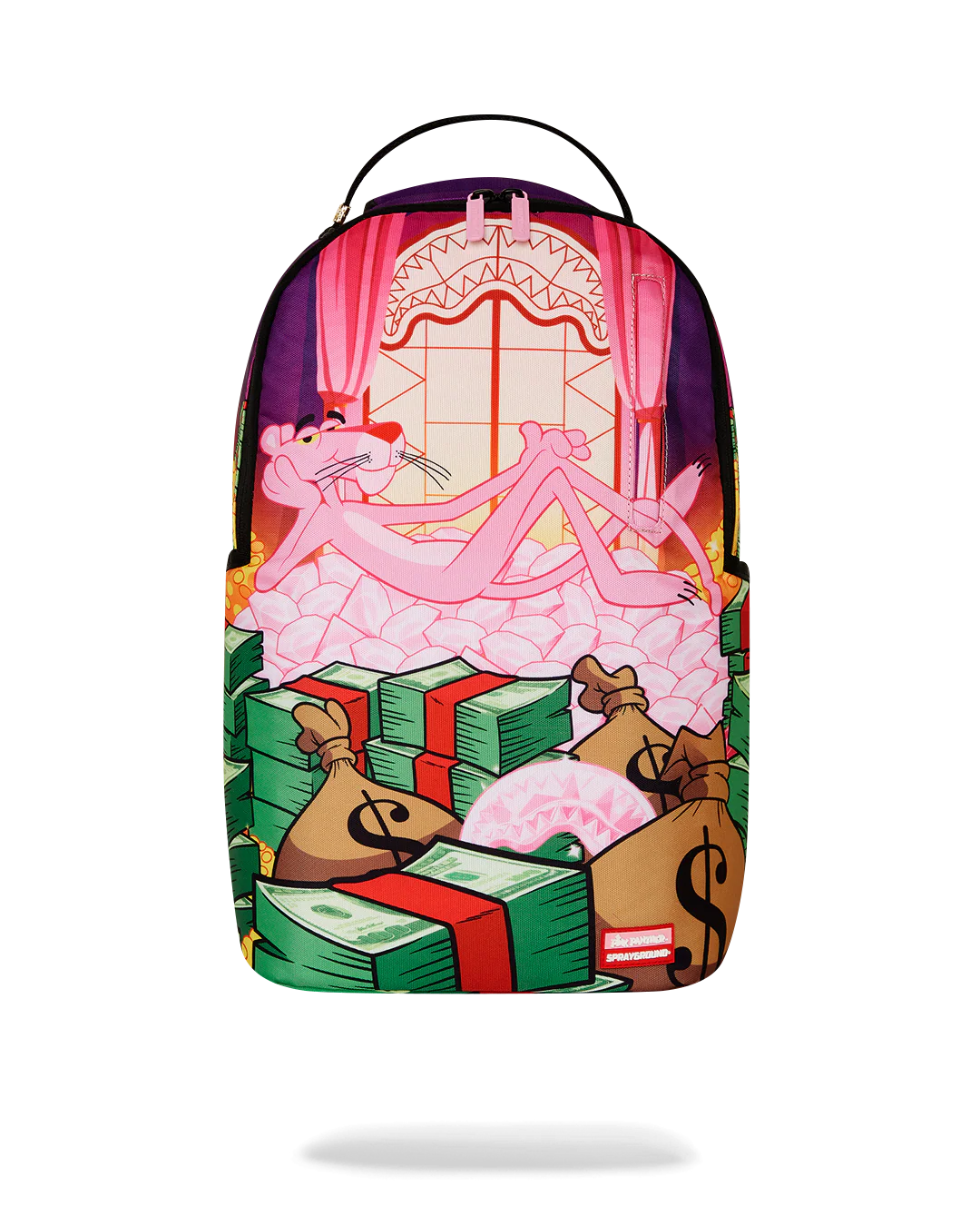 Backpack with cartoon design of a character in a room with money and gifts