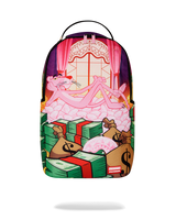 Backpack with cartoon design of a character in a room with money and gifts