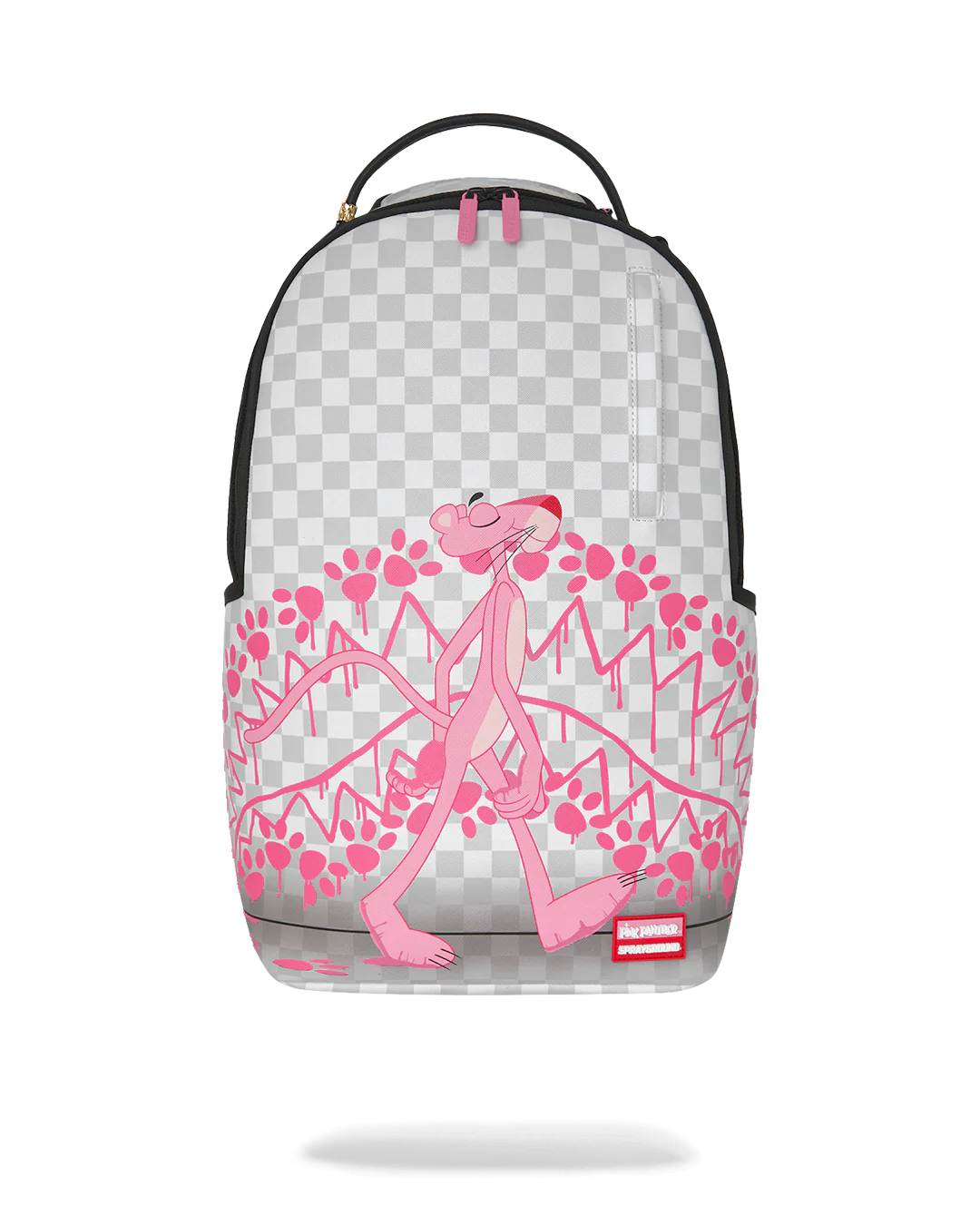 Backpack with pink Panther design on a checkered background