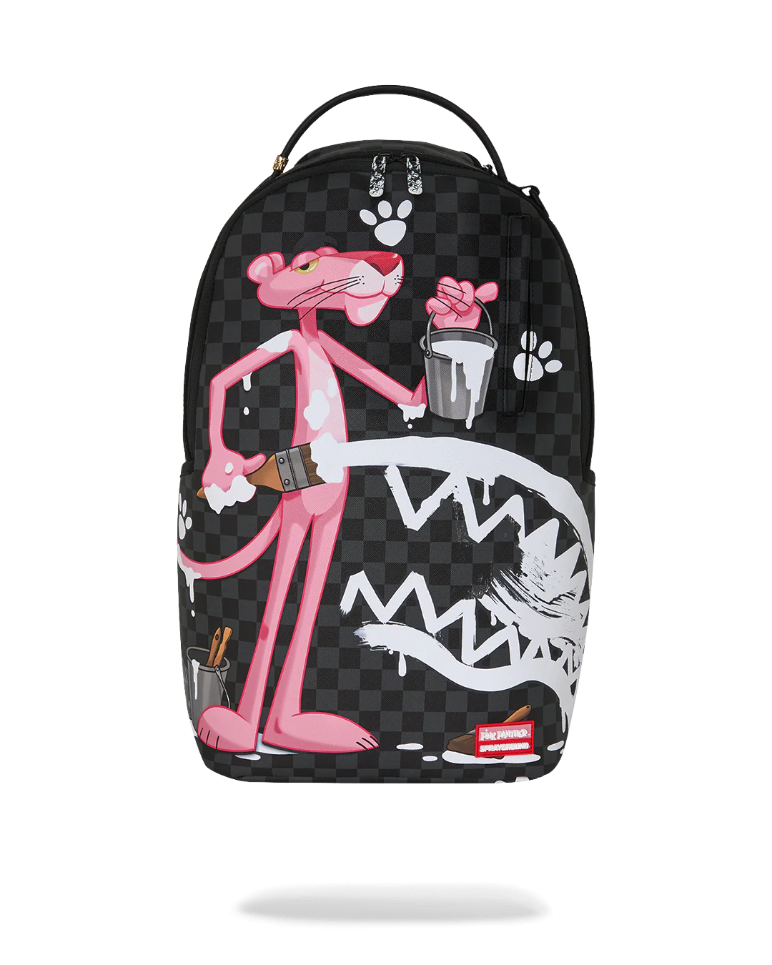 Backpack with a checkered pattern and cartoon character design on a white background