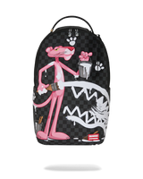 Backpack with a checkered pattern and cartoon character design on a white background