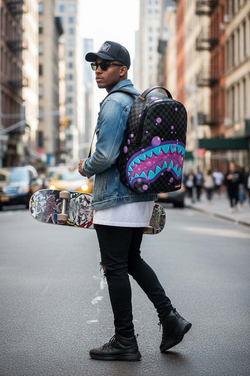 Backpack with checkered pattern and colorful shark mouth design on a white background