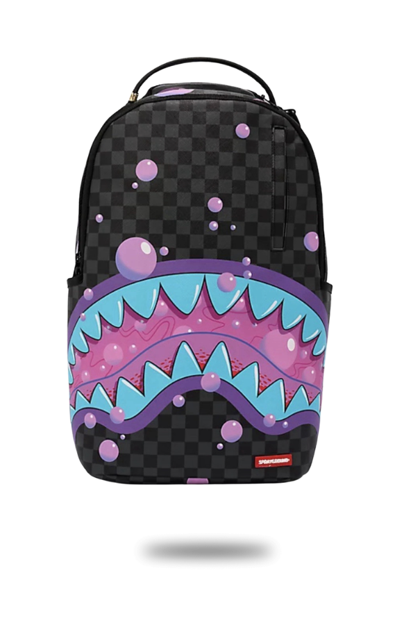 Backpack with checkered pattern and shark mouth design on a white background