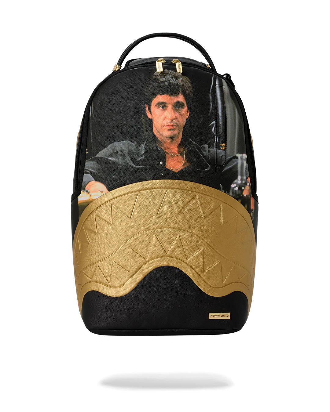 Backpack with a graphic of a person holding a gun on a black background