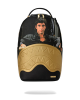 Backpack with a graphic of a person holding a gun on a black background