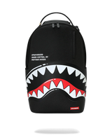 Black backpack with shark mouth design and visible branding on a white background