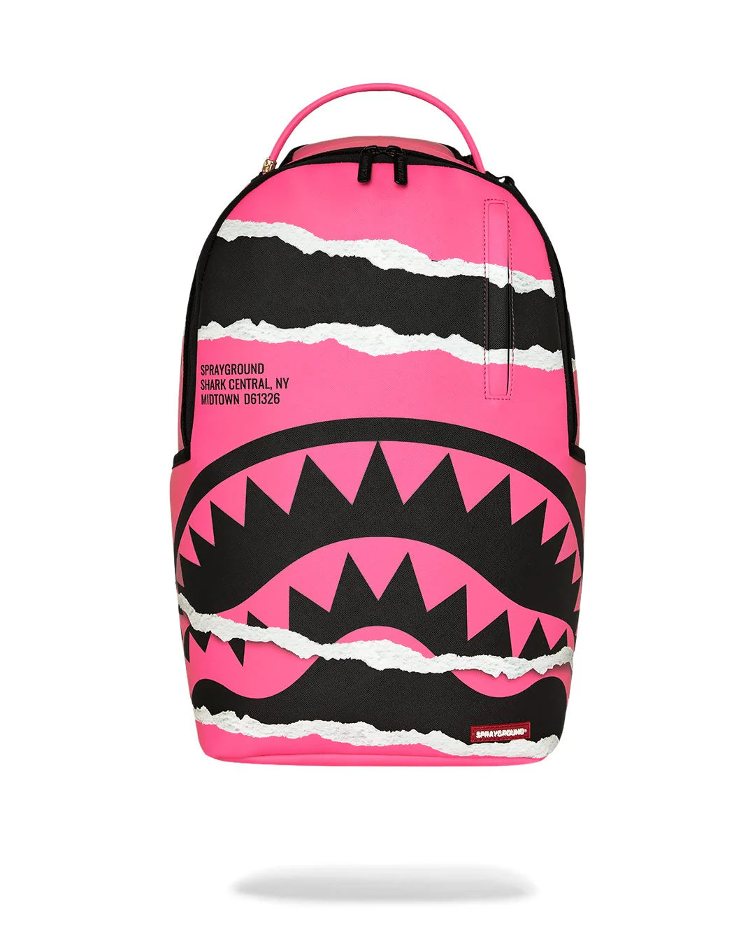 Pink and black shark mouth backpack with visible brand logo on a white background
