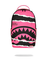 Pink and black shark mouth backpack with visible brand logo on a white background