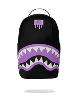 Black backpack with purple shark mouth design on a white background