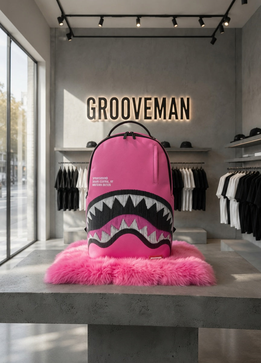 A bright pink Sprayground backpack with a shark mouth graphic, displayed on a pink faux fur rug on a concrete table inside a modern clothing store.