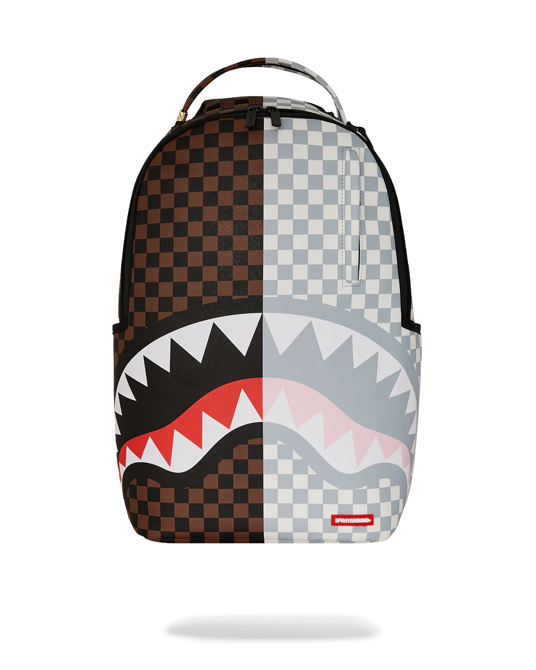 Backpack with shark mouth design and checkered pattern on a white background
