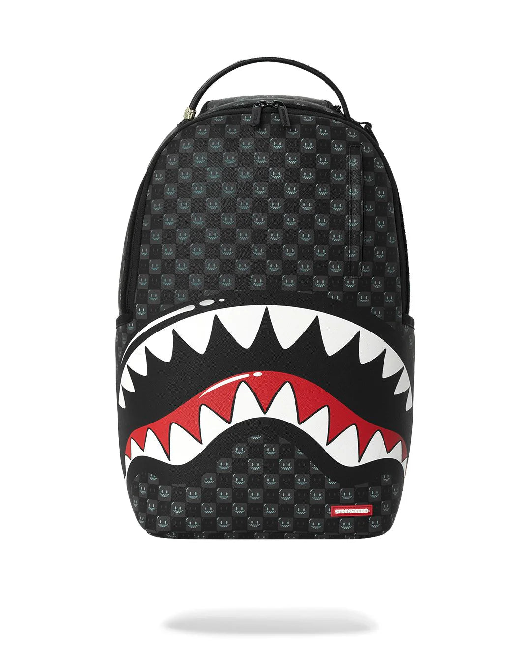 Black backpack with shark mouth design on a white background