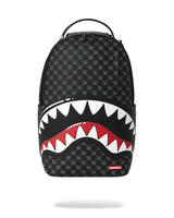Black backpack with shark mouth design on a white background