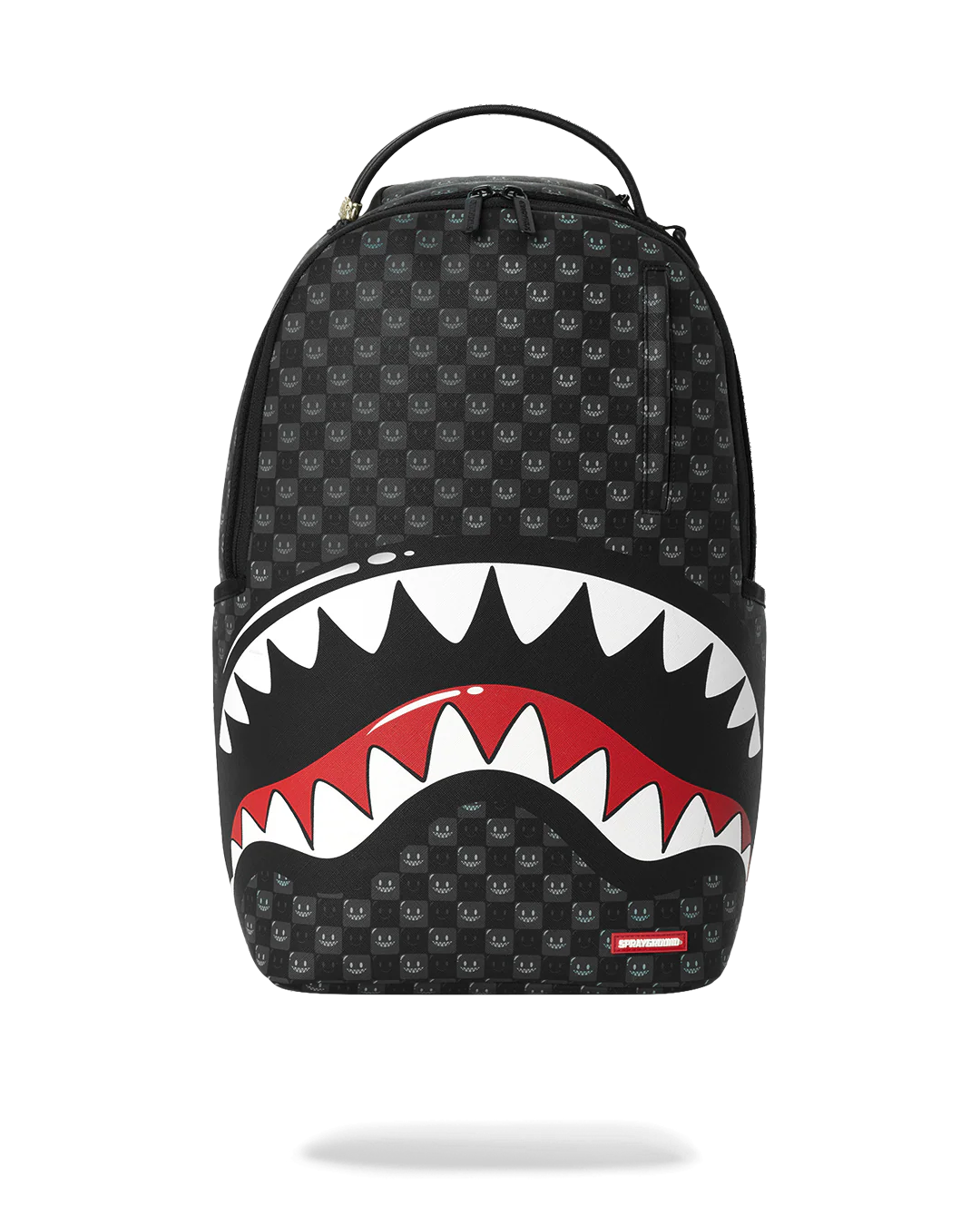 Black backpack with shark mouth design on a white background