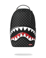 Black backpack with shark mouth design on a white background