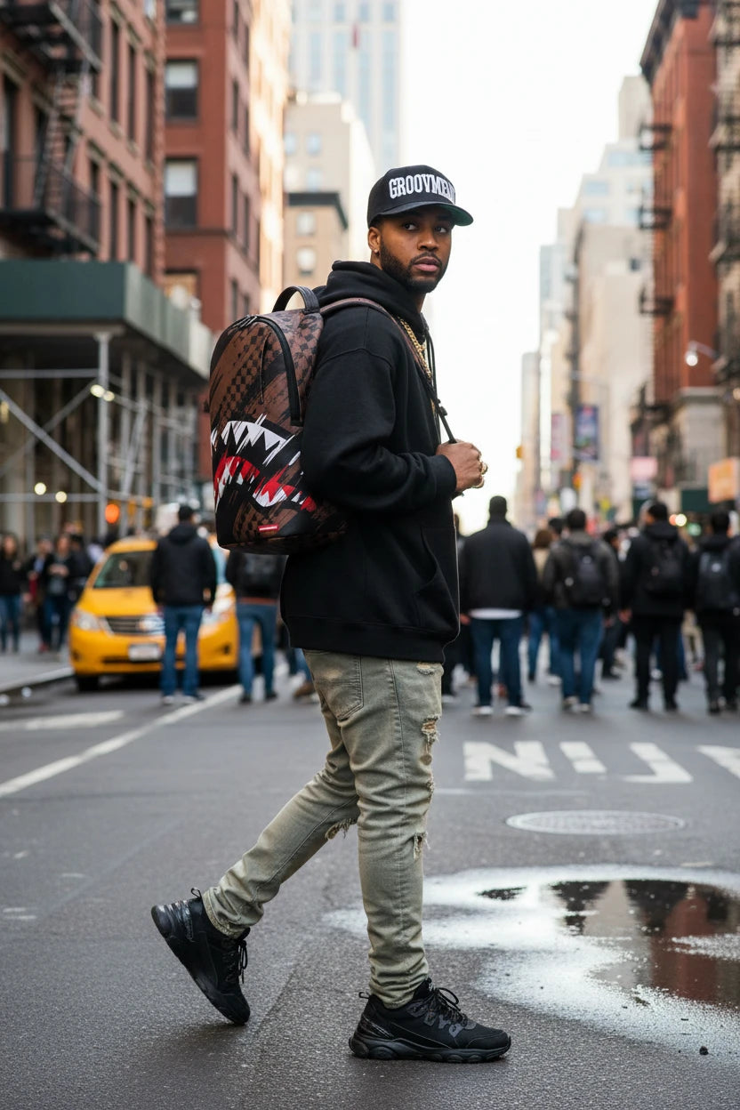 Backpack with shark mouth design on a white background
