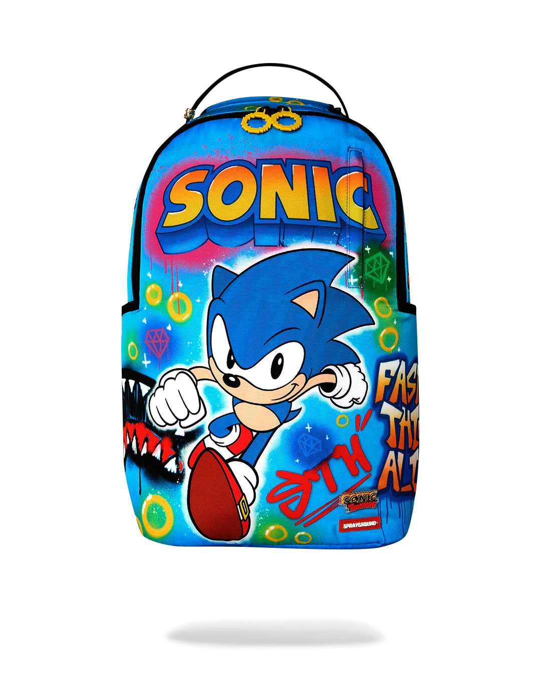 A blue backpack featuring a colorful Sonic the Hedgehog graphic print, including the Sonic logo and character artwork, shown against a plain white background.