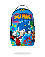 A blue backpack featuring a colorful Sonic the Hedgehog graphic print, including the Sonic logo and character artwork, shown against a plain white background.