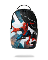 A backpack featuring a Spider-Man graphic print, designed by Sprayground in collaboration with Marvel. The backpack has a black top handle, black side pockets, and a graphic print of Spider-Man in his classic red and blue suit against a cityscape background with a shark mouth design on the right side.