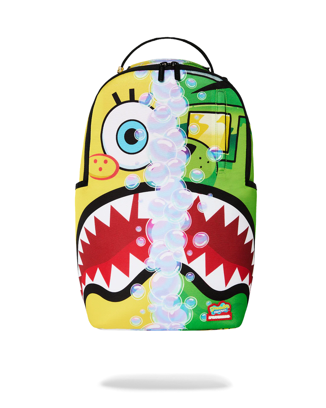 Colorful backpack with cartoon character design on a white background
