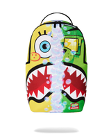 Colorful backpack with cartoon character design on a white background