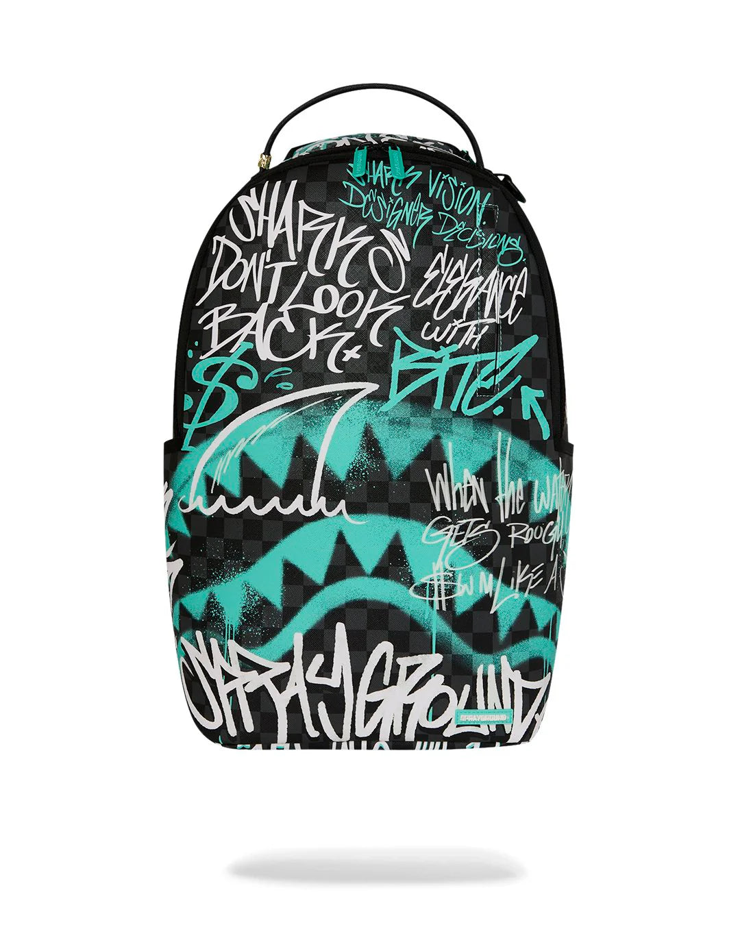 Backpack with graffiti-style text and designs on a white background