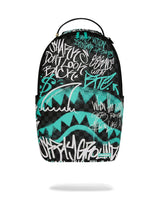 Backpack with graffiti-style text and designs on a white background