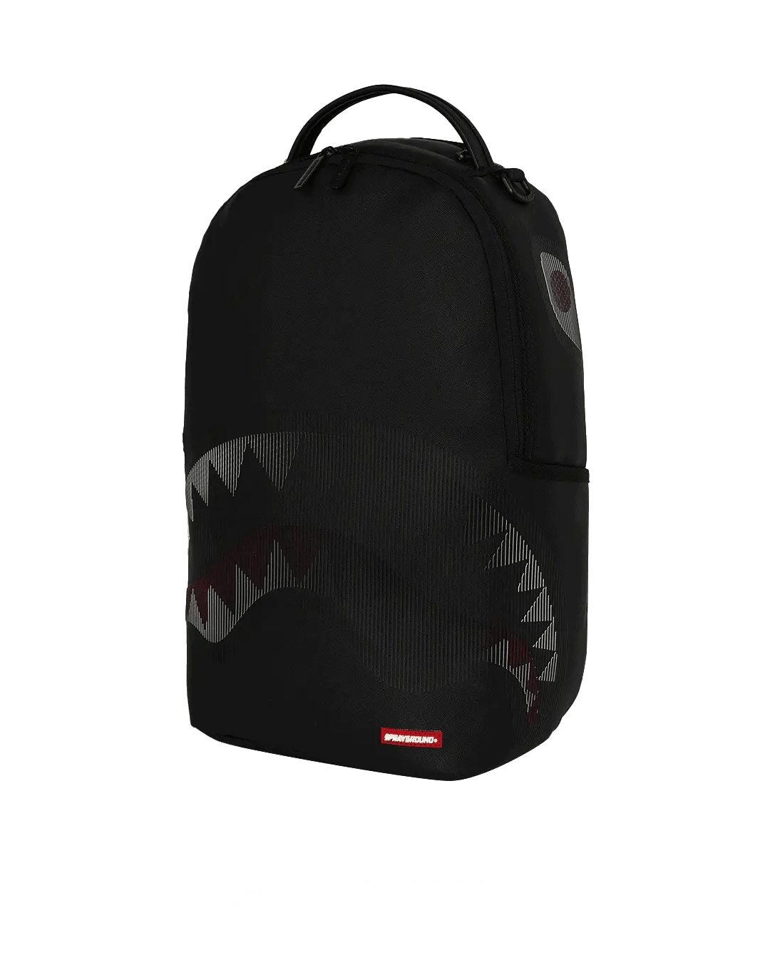 Black backpack with shark mouth design on a white background