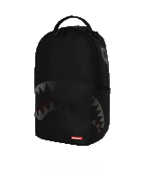Black backpack with shark mouth design on a white background
