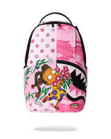 A pink backpack featuring a split design: one half has a white background with pink cherry blossoms, and the other half has a pink camouflage pattern. The front also features a cartoon girl holding pink flowers and a shark mouth graphic.