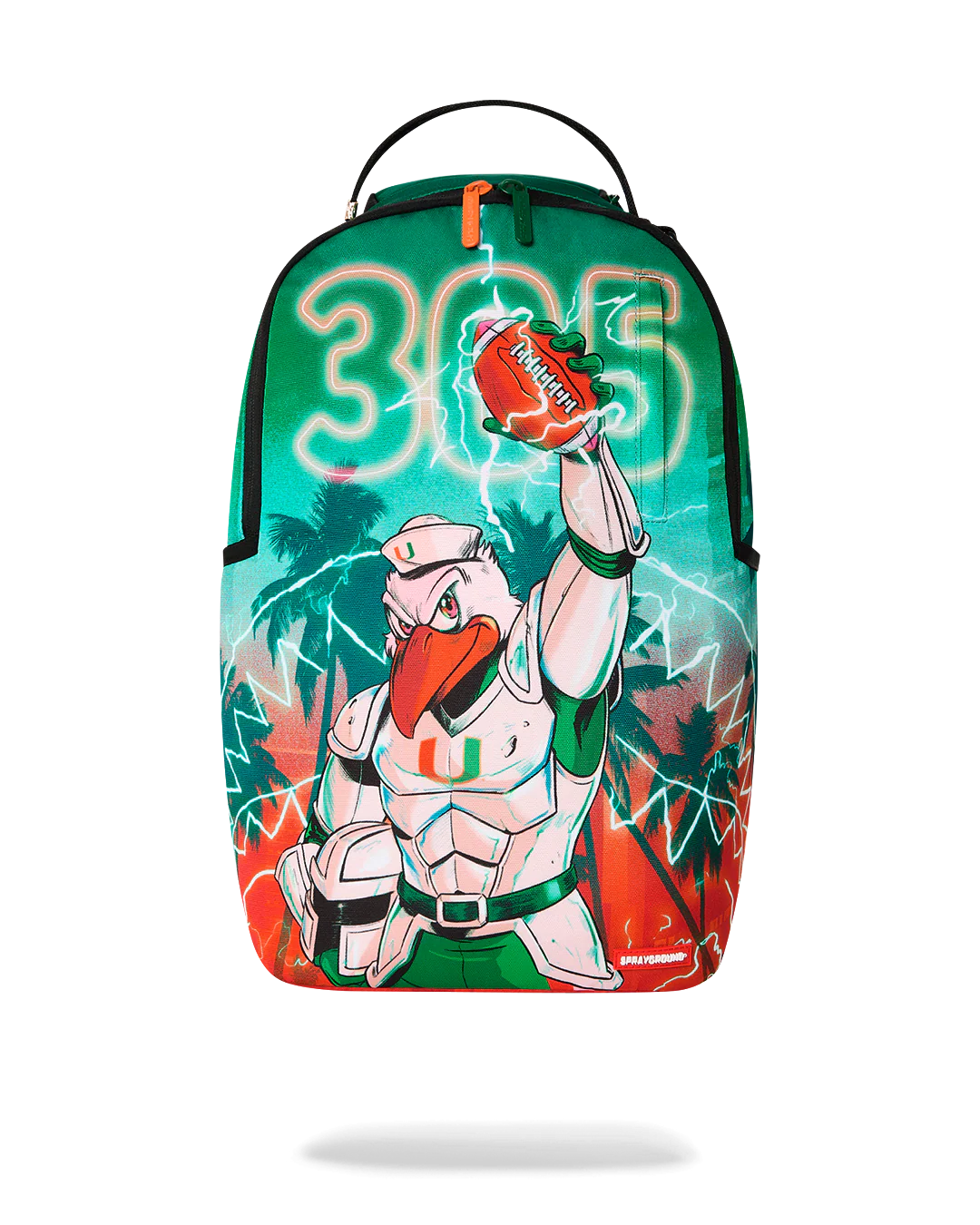 A backpack featuring a vibrant Miami Hurricanes football-themed graphic print with a cartoon character in a white and green uniform holding a football, set against a white background.
