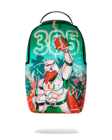 A backpack featuring a vibrant Miami Hurricanes football-themed graphic print with a cartoon character in a white and green uniform holding a football, set against a white background.