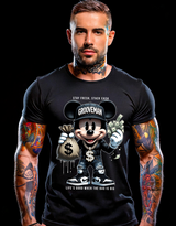 Man wearing a black t-shirt with a graphic design of a character holding money and text.