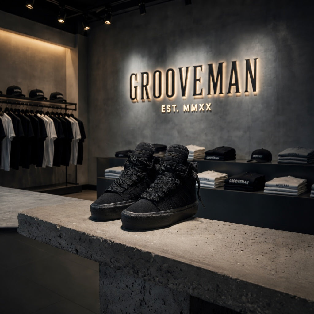 Black high-top sneakers on a stone surface with 'Grooveman' branding in the background.