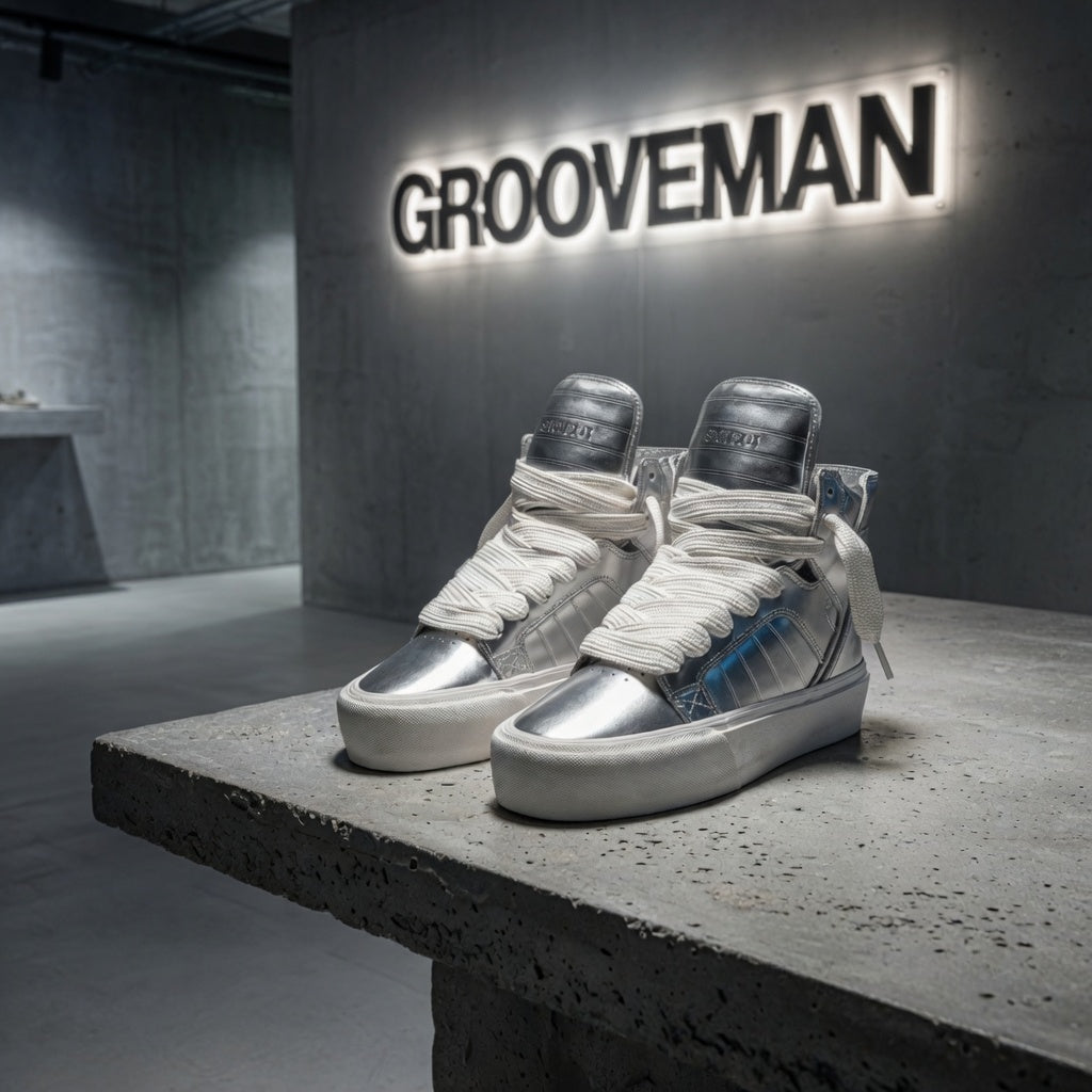 Silver high-top sneakers on a concrete platform with 'GROOVEMAN' branding in the background.