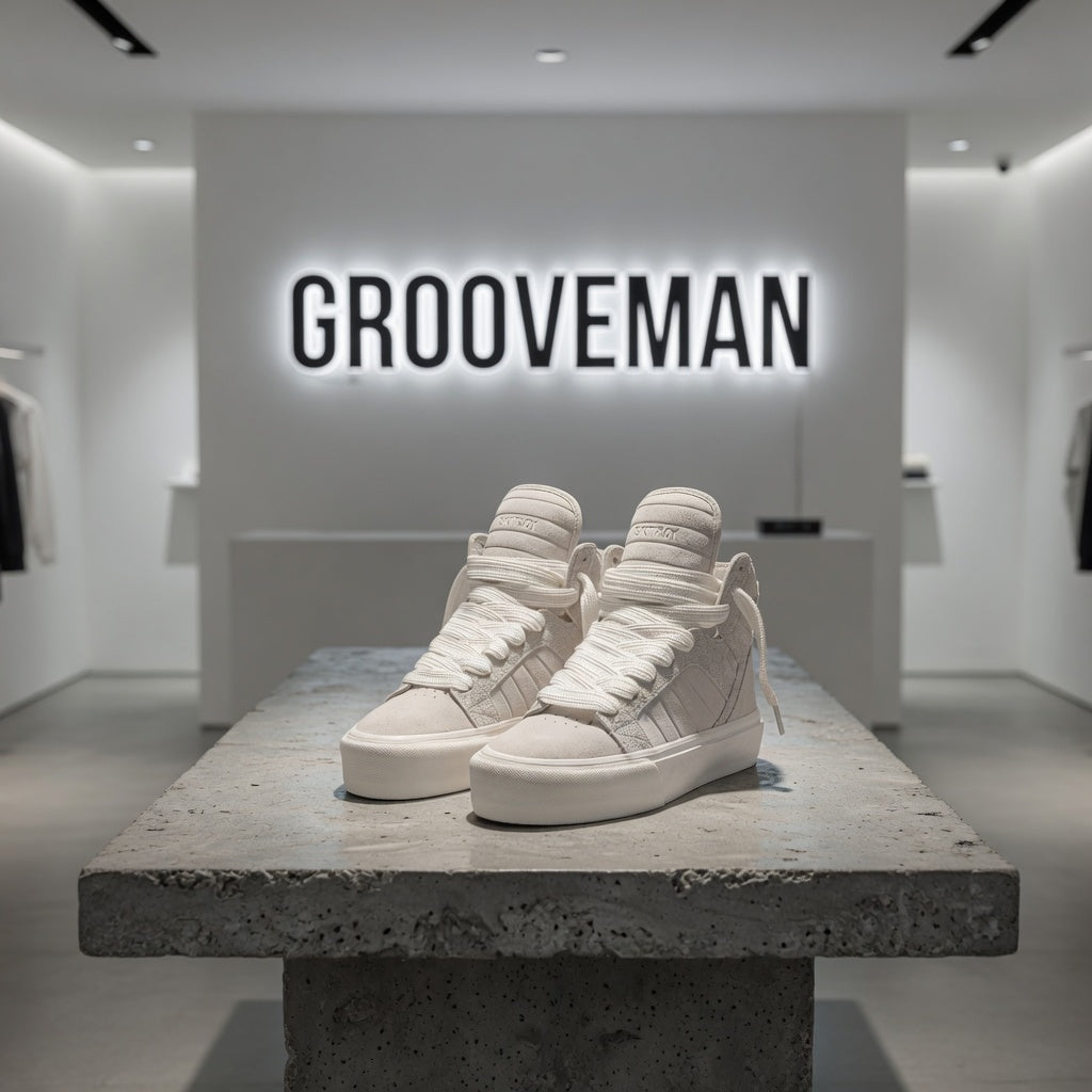 White sneakers on a concrete platform with 'GROOVEMAN' sign in the background