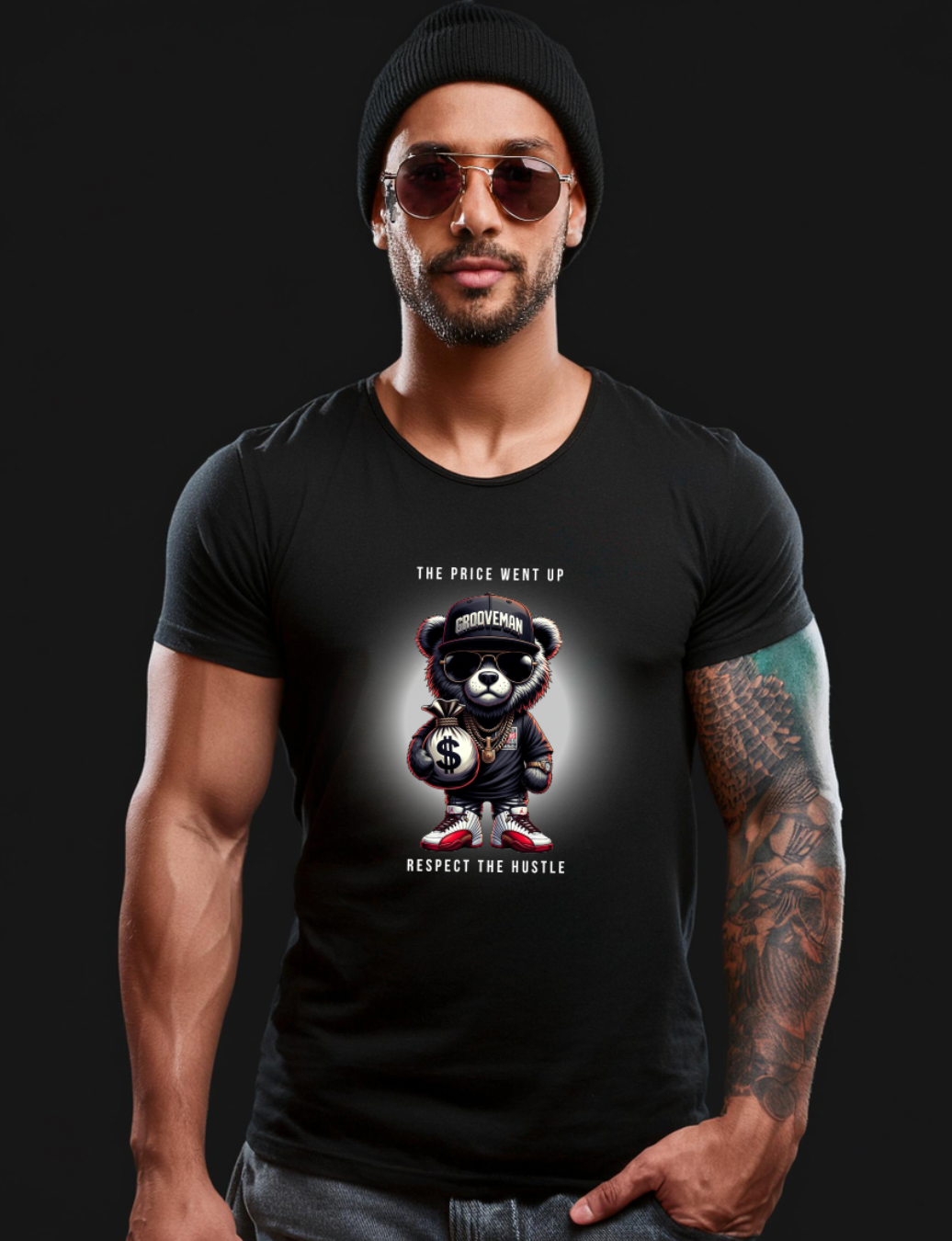 Man wearing a black t-shirt with a bear graphic and text on a dark background